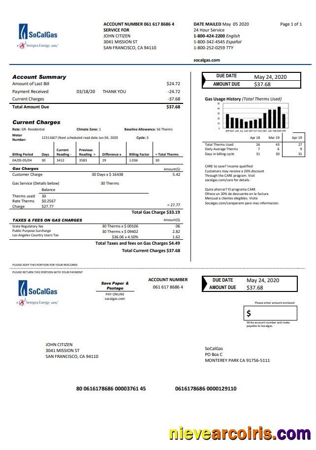 USA California SoCal Gas utility bill